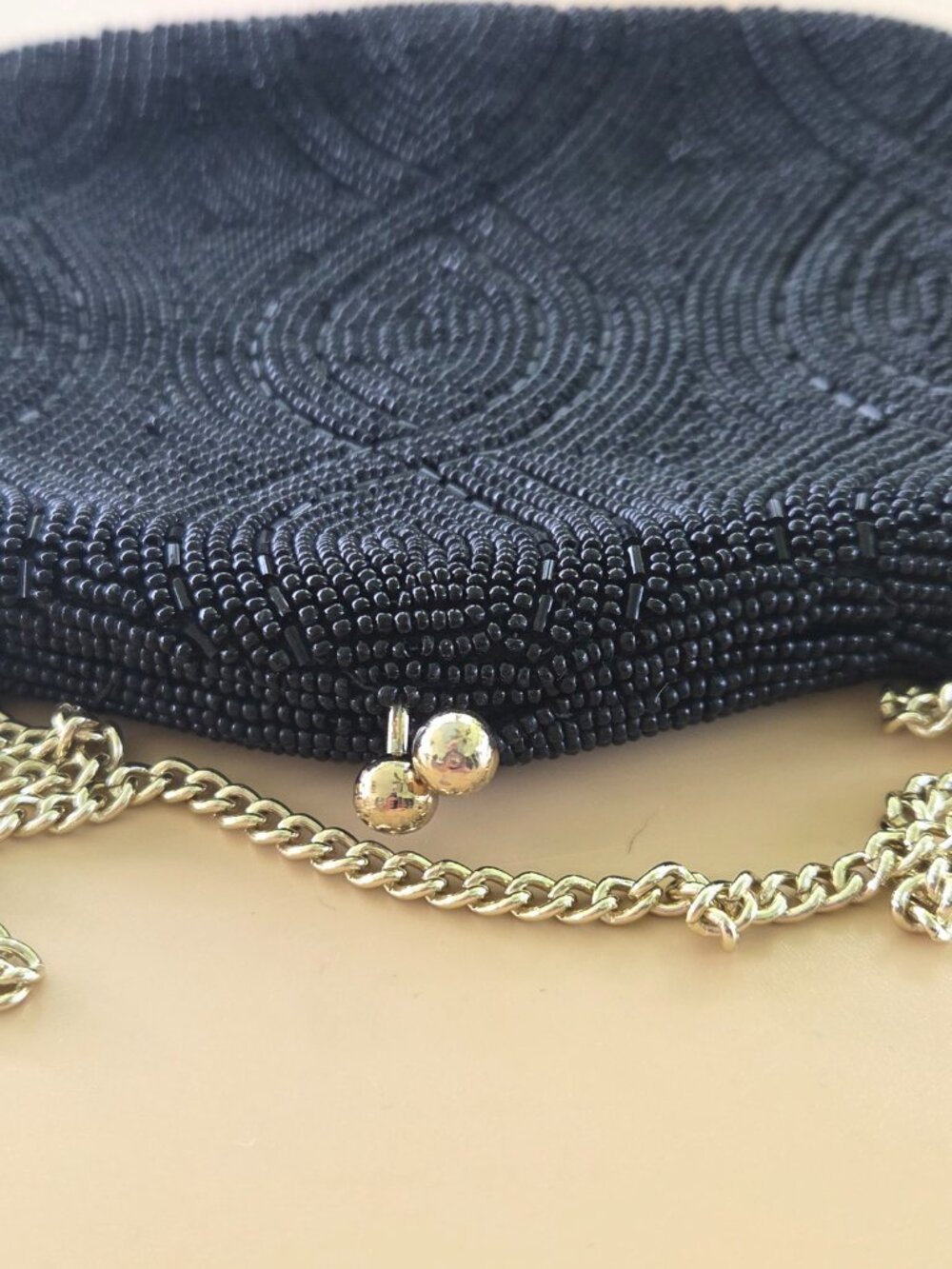 Walborg Black Beaded Evening Bag Clutch Purse Chain Strap Made in Japan